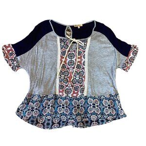 Democracy BOHO Relaxed Fit Mixed Media Short Sleeve Ruffle Top Sz S  #186L